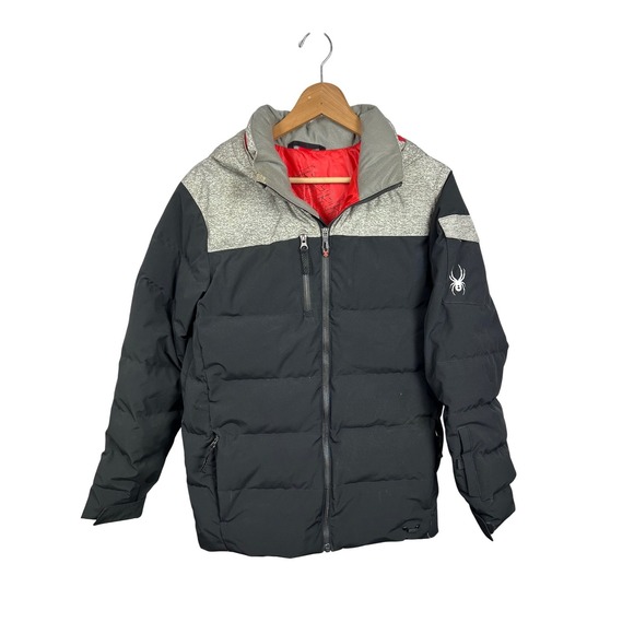 Spyder Kids Size 18 Puffer Jacket Black Gray Full Zip‎ Hooded Winter Coat - Picture 2 of 13